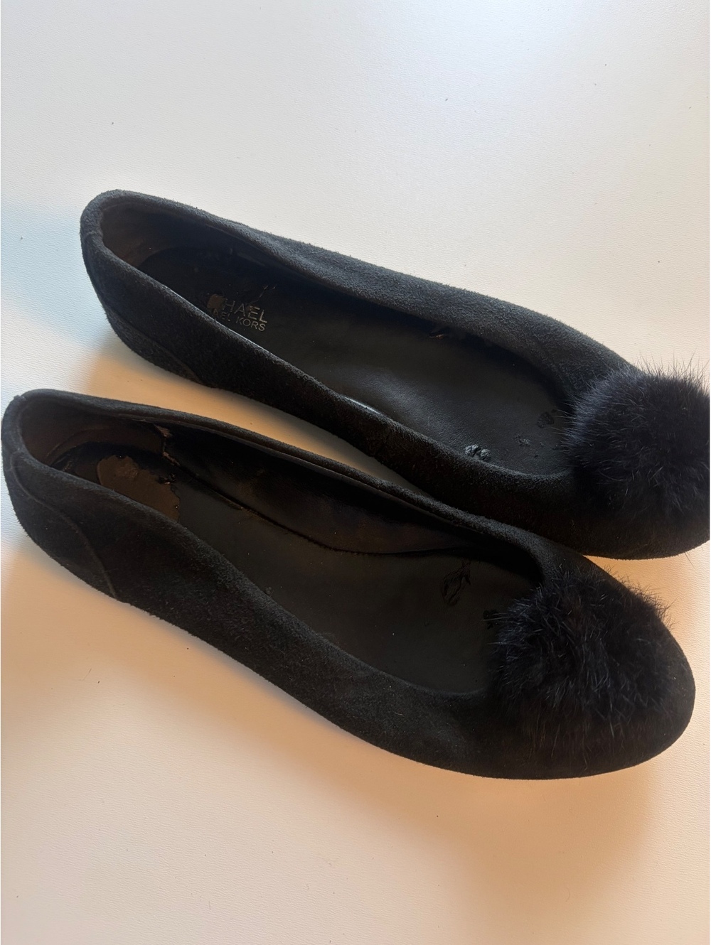 Michael Kors Black Suede Ballet Flats with Pom Pom